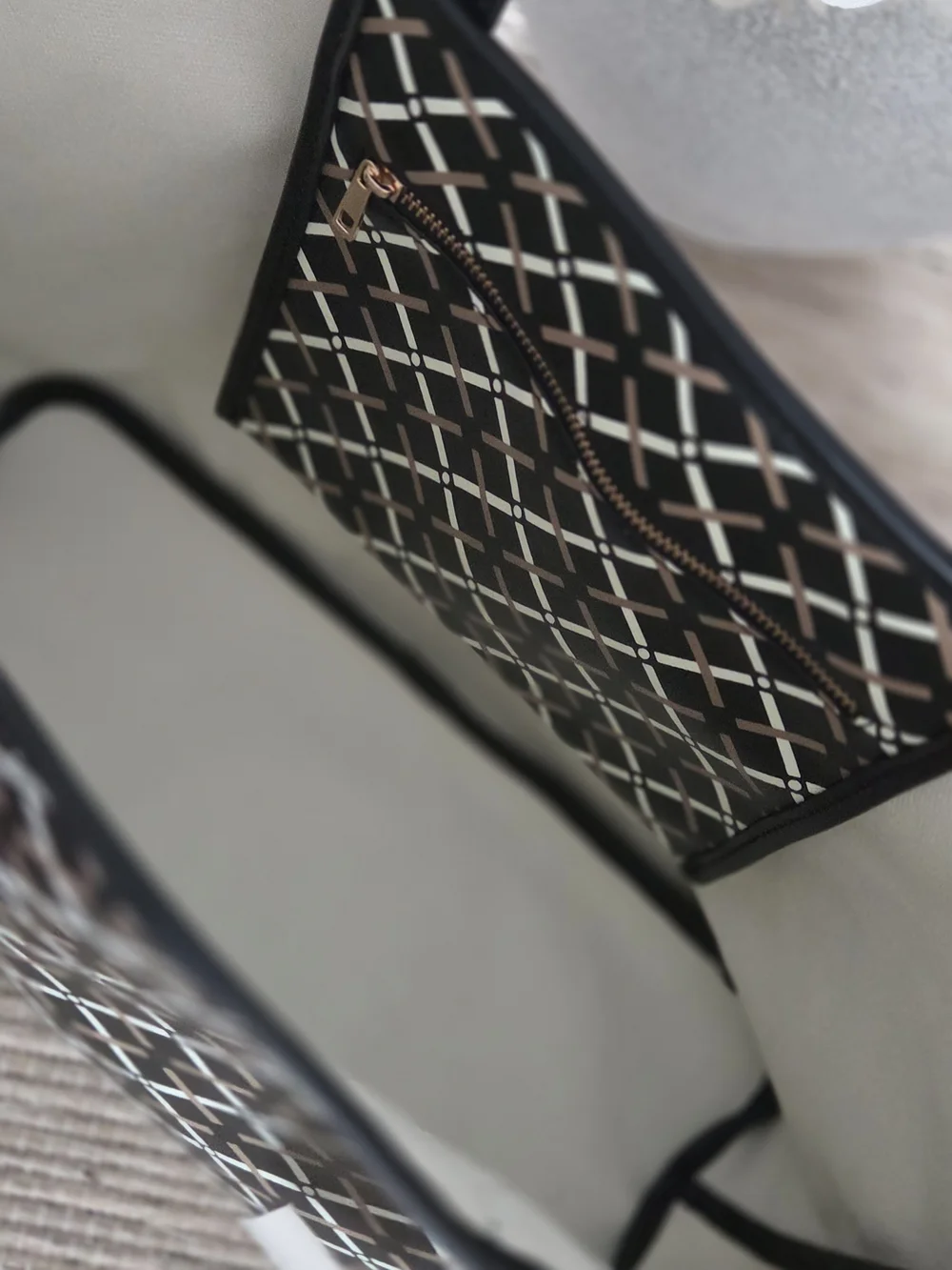 a new day Black Tote with Cream and Tan Geometric Print